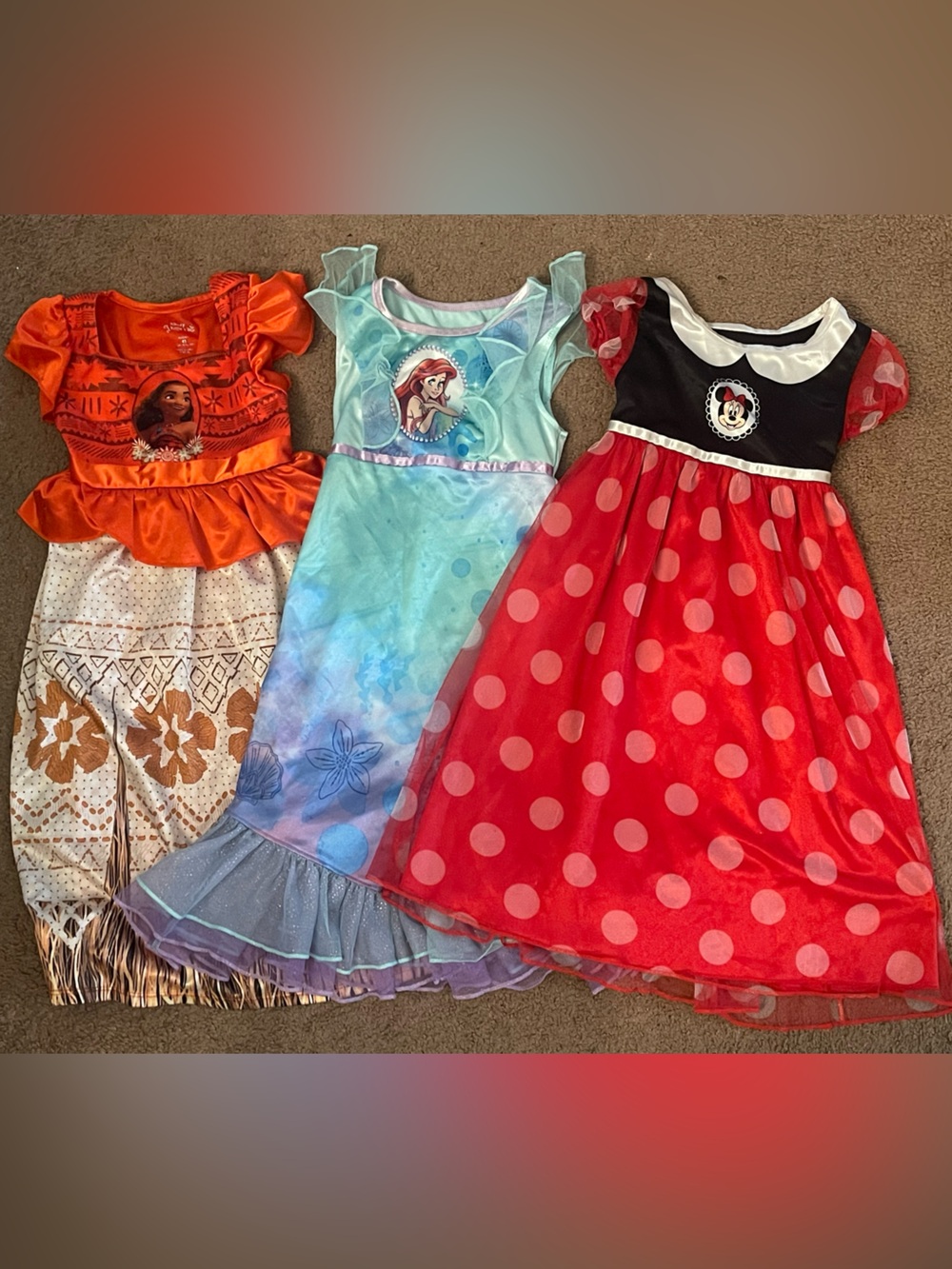 Disney Red and Black Minnie Mouse, Moana and Ariel Little Mermaid Nightgowns.